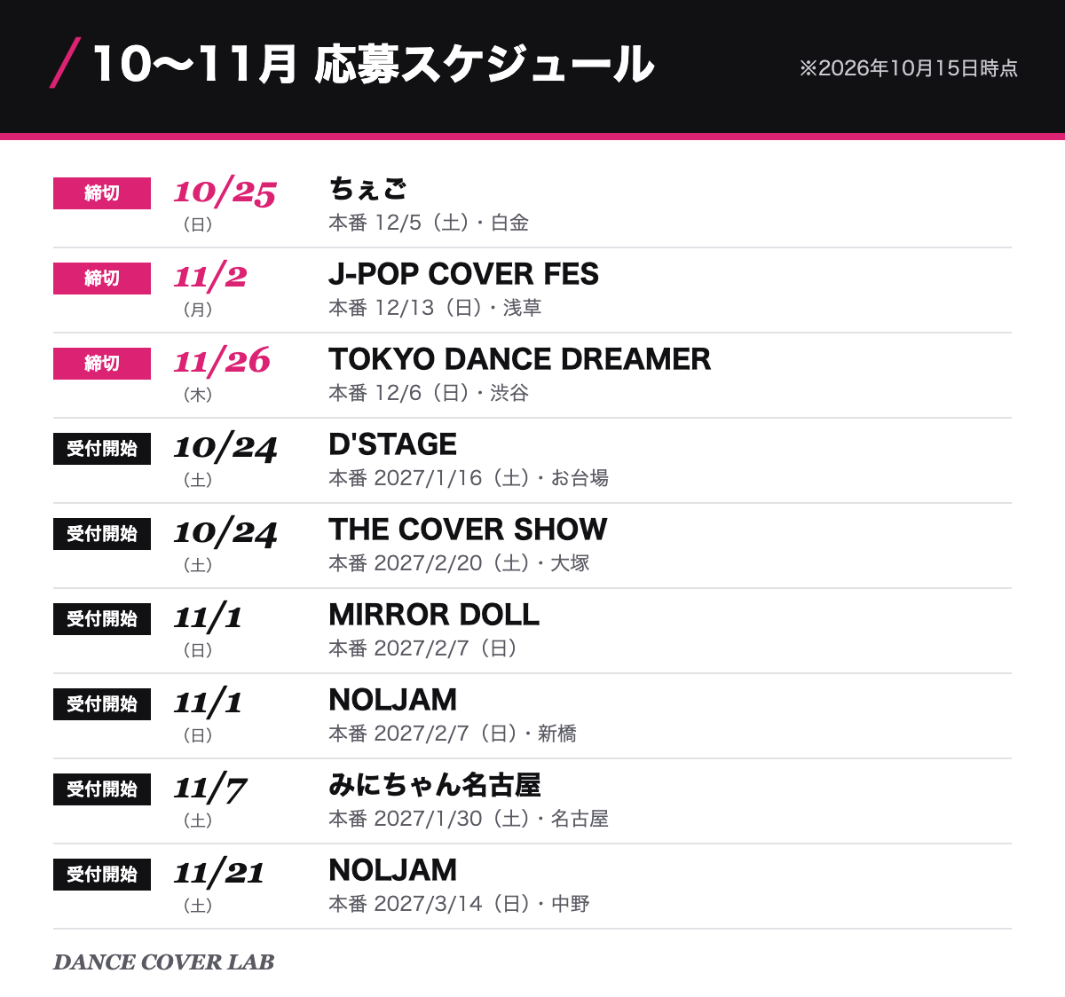 2026年10〜11月 カバーダンスイベント応募スケジュール